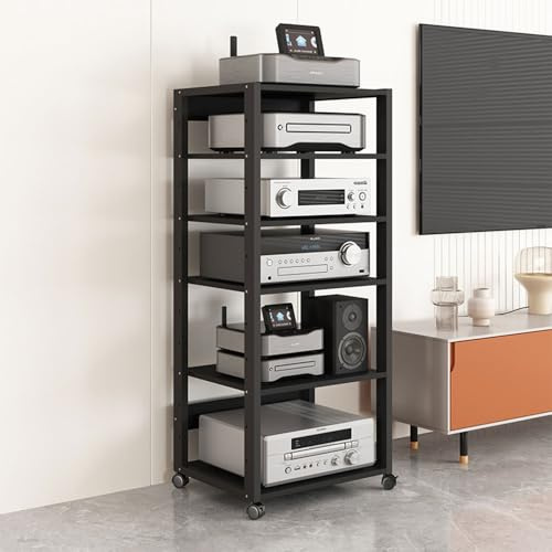 RNQZ 6 Tier Audio Rack Tower, AV Media Stand with Wheel,CD Record Player Stereo Receiver AV Equipment Cabinet Display Rack with 4 Lockable Wheels for Home,Black