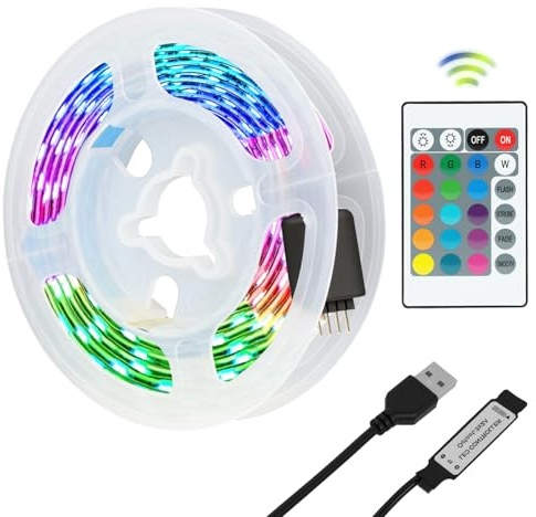 Striscia LED RGB da 1 m, con telecomando, 18 colori e 21 modalità, dimmerabile, autoadesiva, per feste, giochi, decorazioni, retroilluminazione per TV