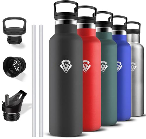 Grsta Botella Agua Acero Inoxidable, Botella Termica 1 litro, sin BPA, Cantimplora con Pajita, A Prueba de Fugas, Aislamiento al Vacío, Cantimplora Gym para Correr, Deportes, Running, Yoga, Senderismo
