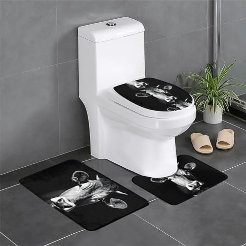 3 Piece Bath Mat Set Black And White Cow U Shape Wc Toilet Rug Decorations Cozy Floor Mats, For Floor Tub, Bedroom, Outdoor