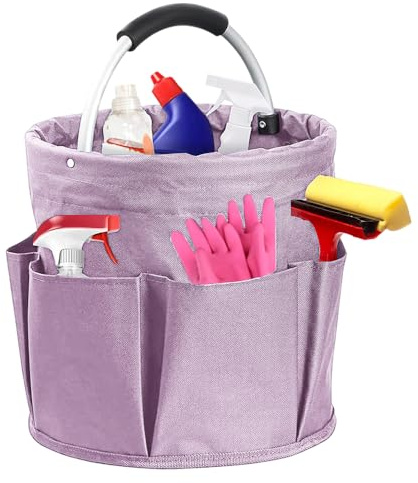 Lotvic Cleaning Caddy Organiser, Cleaning Caddy with Handle, Foldable Cleaning Bag, Large Capacity Cleaning Products Organiser, Cleaning Storage Bag for Indoor and Outdoor, 11x11in (Light Purple)