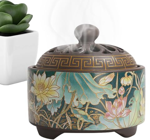 Coil Incense Burner,Enamel Porcelain Incense Holder for Sticks - Intricate Pattern Stand Round Aesthetic Tray for Indoor Tea Table Yoga Room Windowsill Outdoor Church Meditation