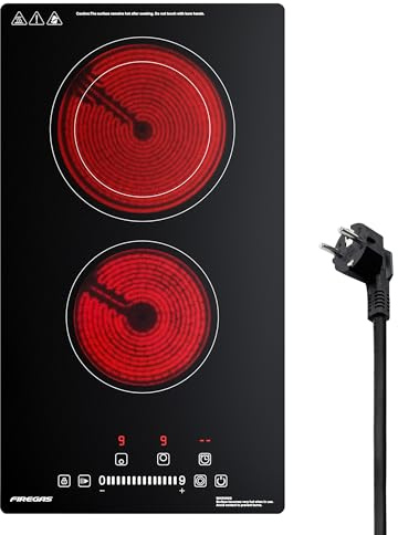 FIREGAS Placa de vitrocerámica 2 fuegos – 3400W, 9 niveles de potencia, control táctil, cronómetro, placa de cocción eléctrica 29 cm