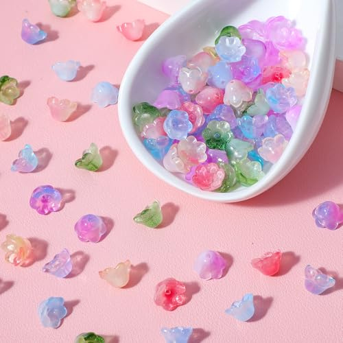 Grevosea 100 Pcs Glass Flower Beads, Colorful Trumpet Flower Charms Cute Floral Bead Gradient Clear Crystal Loose Glass Beads for Bracelets Necklaces Earrings Jewelry Making DIY Projects