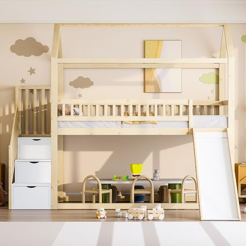 KecDuey Cama infantil de 90 x 200 cm, con tobogán y escalera de almacenamiento, somier, estructura de valla alta, marco de madera maciza (natural)