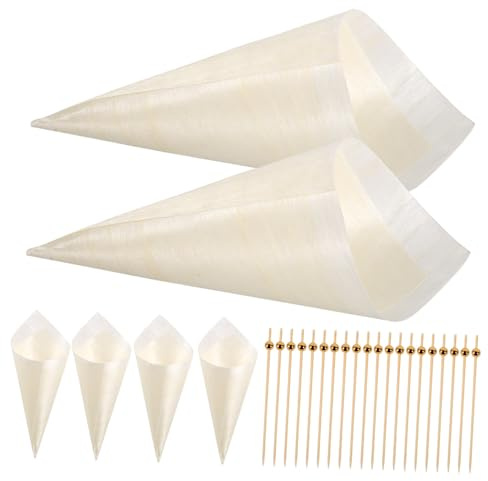 HEALSOPTHY Desechable de Conos de Madera y Pinchos para Aperitivos para Fiestas Incluye Conos Palillos de Frutas para Postres y Ensaladas