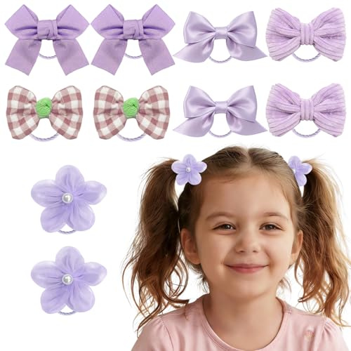 10 Stück Mädchen Haargummis, elastische süße Kinder Haargummis lila Schleife und Blumen Zopfhalter für Baby Mädchen, Kleinkinder Haaraccessoires