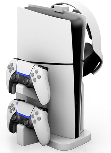 NBCP PS 5/Slim/Pro Vertical Stand with Dual Controller Charger for PlayStation 5 Disc & Digital Consoles, Includes Headset Holder and Storage Accessory Stand, White