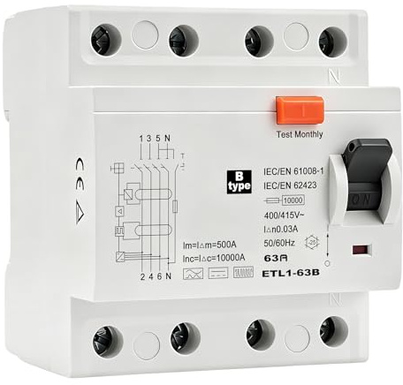 Interruttore magnetotermico differenziale 63A 30mA tipo B salvavita 4P 10kA RCCB AC415V interruttore differenziale per Sistemi fotovoltaici,stazioni di ricarica e apparecchiature industriali ETL1-63B