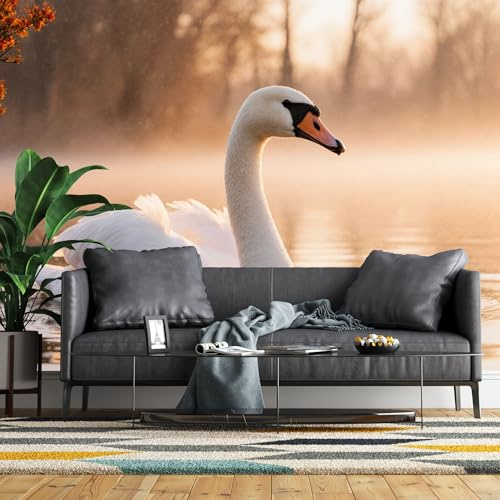 Mural de pared de tamaño personalizado, cisne blanco sereno deslizándose sobre el agua con luz dorada del amanecer y hojas de otoño, papel tapiz autoadhesivo extraíble para decoración del hogar y la