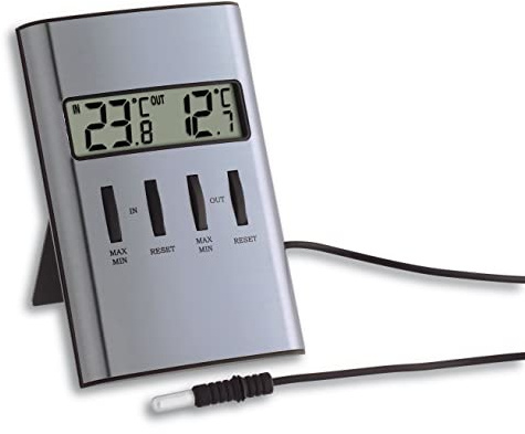 TFA Dostmann digital inne/ute termometer, inomhus/utomhus termometer, högsta- och lägsta mätvärden, kontroll av frys/akvarium, digitaltermometer med kabelgivare, 30.1029