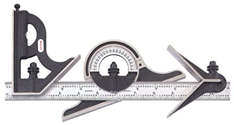 Starrett C9-12-4R Combination Set, With Cast Iron Heads, Centring, Square And Protractor Heads, Black Wrinkle Finish, Satin Chrome Blade, 12, 4R Grad