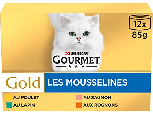 GOURMET | Gold | Chat | Les Mousselines | Aliment Complet pour Chat Adulte | Lapin, Poulet, Saumon, Rognons | Boite | Lot de 8 (12x 85 g)