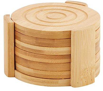Juvale Coasters Set of 6-4.3-Inch Round Light Brown Bamboo Wood with Holder - Wooden Drink Coasters for Coffee Table Decor & Home Decor