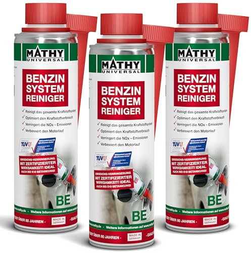 MATHY-BE Benzin Systemreiniger, 3X 250ml, Benzinadditiv Zusatz Zertifiziert | Hochwirksamer Benzin-Reiniger zur Reinigung von Motor, Ventilen & Kraftstoffsystem, Kraftstoffadditiv für Benzinmotoren