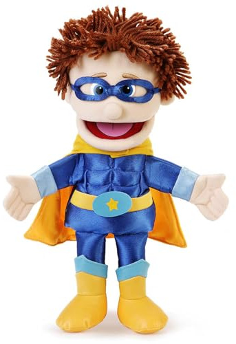 Superheld, Pfirsichjunge von Silly Puppets | 40 cm Handpuppe für Kinder | Mit Beweglichem Mund Und Armen | Abnehmbare Handwaschbare Kleidung