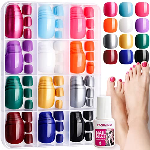 FANDAMEI 12 Farben 288 Stk. Fußnägel Zum Aufkleben, Fußnägel Tips, Zehennägel Zum Aufkleben, Fussnägel Zum Kleben, Kurze Künstliche Zehennägel, Acryl Glatte Fussnägel Tips Set