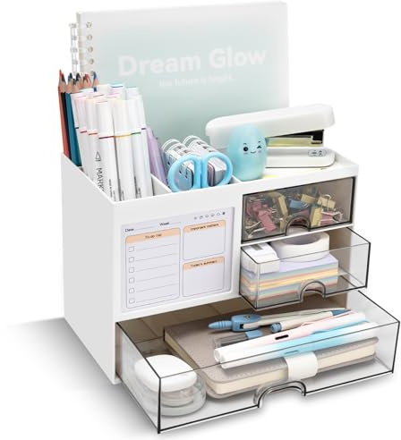 QIYVLOS Desk Organizer with 3 Drawer, Multi-Functional Pencil Pen Holder for Desk, Desk Organizers and Storage with 8 Compartments, Desktop Organizer for Office Home Art Supplies (White)