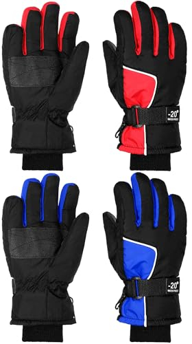 SATINIOR 2 Paar wasserdichte Winter-Schneehandschuhe für Jungen, Mädchen, Outdoor, warm, verdickt, Snowboardhandschuhe (blau, rot, 8–12 Jahre)
