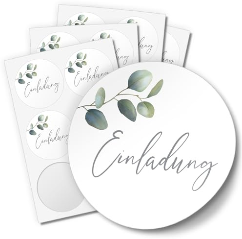 Einladungskarten Manufaktur Hamburg 48 Aufkleber EINLADUNG für Hochzeit Geburtstag Danke Taufe Etiketten rund 4cm, Eukalyptus