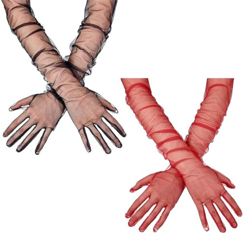Visxcnu 2 paires Gants de tulle en dentelle pour femmes,Gants Longs Dentelle Vintage,gants mariée pleine longueur pour mariage, opéra, dîners de bal Accessoires des années 1920 70cm（Noir，Rouge ）