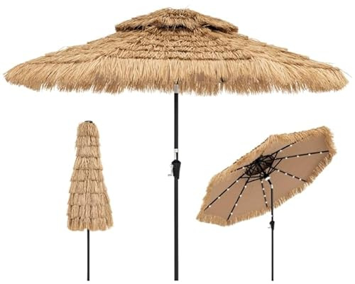 COSTWAY Sombrilla Terraza Exterior con Techo de Paja, Sombrilla Hawaiana con 8 Varillas, Botón para Inclinación, Parasol Exterior con Doble Respiradero para Playa Patio Piscina (270cm con Luz)