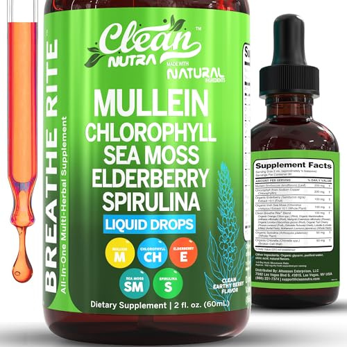 Mullein Drops for Lungs Liquid Chlorophyll Mullein Leaf Extract Supplement Elderberry Sea Moss Spirulina Chlorella Lobelia Marigold Licorice Marshmallow Lung Detox Cleanse Tincture Men Women 2 fl oz