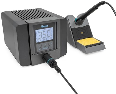QUICK TS1200 digital regelbare ESD Lötstation 120 Watt inkl. Lötkolben mit 1 mm Rapid-Kartuschen-Lötspitze und Zubehör SMD Lötstation kalibrierbar mit PC-Schnittstelle und 3 Temperatur-Speicher