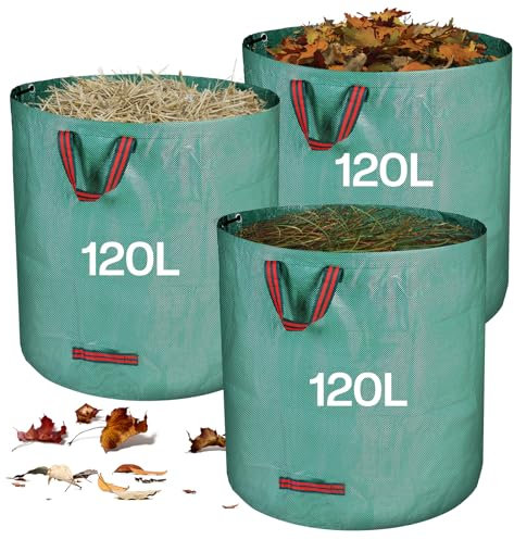 Zanfqvo Sacchi per Rifiuti da Giardino Resistenti, 3 x 120 l Sacchi Giardinaggio Riutilizzabili con Maniglie, Impermeabile Tessuto Industriale Sacco Raccogli per Foglie Erba, Rifiuti, Detriti