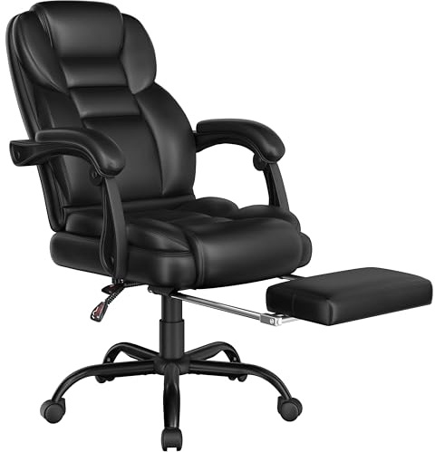 Yaheetech Poltrona Ufficio Ergonomica con Poggiapiedi Sedia da Ufficio in Finta Pelle con Schienale Reclinabile Bloccabile e Braccioli Imbottiti Rotelle Girevole Altezza Regolabile Nero