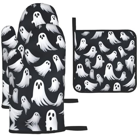 Simpatico fantasma bianco con motivo Halloween 1 guanti da forno natalizi e presine regalo per la famiglia per la cucina, resistenti al calore, set di 3