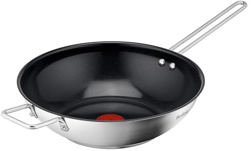 Tefal Nordica Edelstahl-Wokpfanne 28 cm, Antihaftversiegelung, integrierter Thermo-Signal Temperaturanzeiger, geeignet für alle Herdarten (Gas, Elektro, Keramik, Induktion), Edelstahl, H8711955