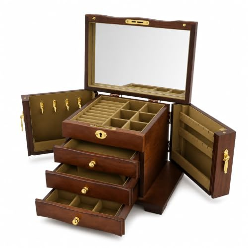 KiwiHood Retro Schmuckkästchen mit Schlüssel, 4-Ebenen Massivholz-Box mit 3 Schubladen & Schwingtüren, Sicherer Aufbewahrungsschrank mit Velvet-Polsterung für Ketten, Ringe & Uhren