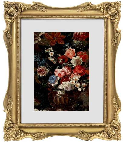 FJXMFRAME 8x10 Vintage Picture Frame Gold, Ornate Baroque Gothic Victorian Frames with Mat for 5x7 or 8 x 10 Photos, Tabletop or Wall Display, Antique Home Decor Accent