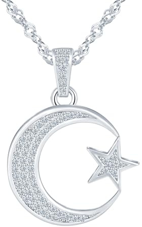 CPSLOVE Collar luna de plata 925 para mujer y niña, collare colgante luna estrella creativa con circón con cadena de 45 cm, moda joyería, plateado