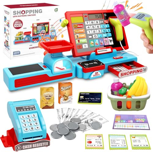 YOTOY Toys for 3-8 Year Old Kids: Shopping Till Cash Register for Toddlers Kid Shop Role Play Toy Till with Scanner and Sounds Gifts for 2 3 4 5 6 Years Old Girls Boys Educational Game Pretend Playset