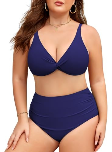 Vijamiy Costume Donna Due Pezzi Taglie Forti Vita Alta Costumi da Bagno Curvy Controllo Addominale Sexy Scollo a V Push Up Bikini L-4XL (Blu Navy,4XL)