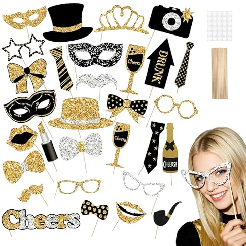 30pcs Photo Booth Props Kit Funny Party Props Accessories With Moustache Lipstick Tie And Glasses Multipurpose Photo Props For Birthday Wedding Decorations Black And Gold