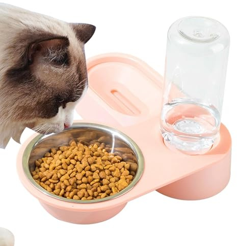 Vatten- och matdispenser for katter - Skålar med vattenflaska Bärbar mat- vattendispenser for husdjur, halkfri rostfri(Pink)