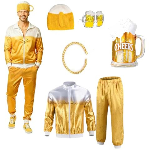 SSKHE Bier Kostüm für Herren Damen,90er 80er Jahre Kostüm Erwachsene Retro Outfit,mit Goldkette Bierhut Brille Bierfolienballon,Bier Trainingsanzug für Karneval Halloween Oktoberfest