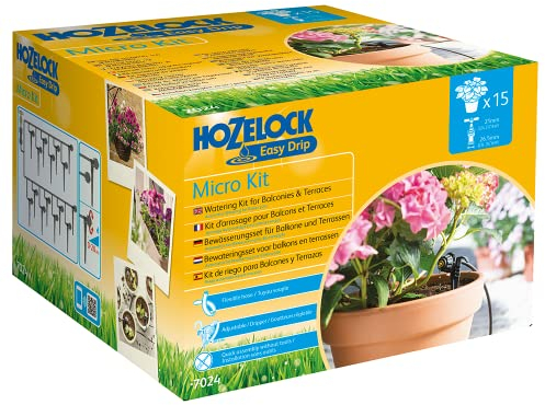 HOZELOCK - Micro Irrigation Kit Micro Kit : Ideal for Watering Potted Plants and Hanging Baskets, Easy to Use, Supplied with 15m of Ø 4mm Hose and 15 Drippers for Precise Watering [7024 0000]