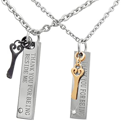 Hanessa Personalisierte Kette mit Gravur Edelstahl 50 cm mit Anhänger Thank you for beeing beside me in silber schwarz gold - Personalisierte Halskette für Frauen Männer Damen Herren