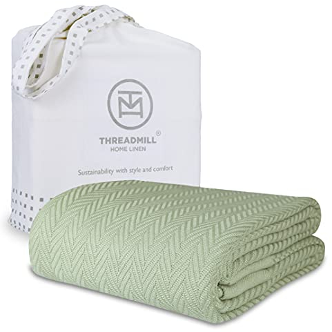 Threadmill Luxury 100% Cotton Twin Herringbone Blanket, Sage Green