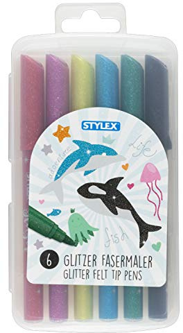 Stylex 64016 – Glitter fibermålare, fiberpennor för barn, 6 färger i återförslutningsbar låda, för målning, hantverk och teckning