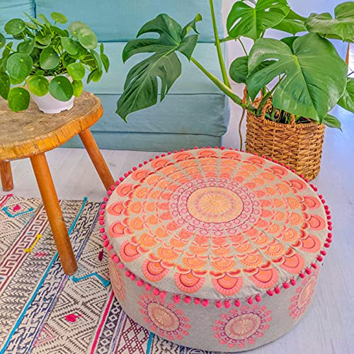 Mandala Life ART Bodenkissen Groß Mit Ponpon Boho Chic Rosa Bodenhocker Rund Sitzkissen Hoch Runder Hocker Pouf Hoch Boho Osmanische Deko 100% Baumwolle Ungefüllt 60X20Cm