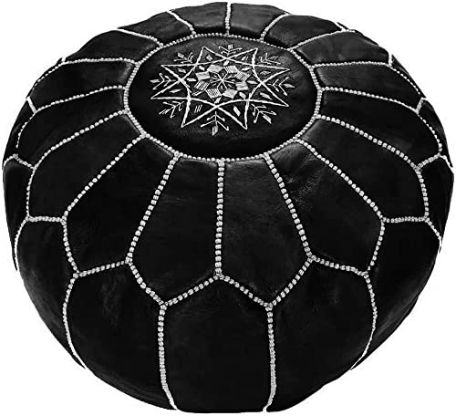 LEATHEROOZE Ofylld marockansk puff getskinn bohemisk vardagsrum dekor ottoman fotpall rund & stor puff – 16 x 20 x 20 (svart) med uppsättning av 2 kuddar/örngott som gåva