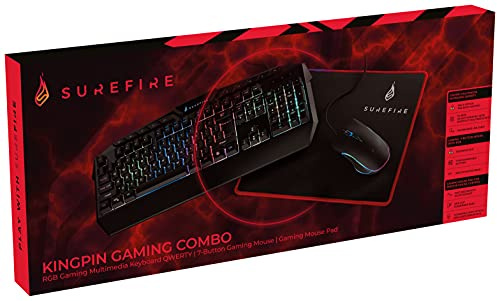 Surefire Kingpin Gaming Combo Set - 3en1 Gaming Set - Teclado Gamer QWERTY inglés - 25 Teclas Anti-Ghosting - ratón Gamer 3200 dpi - Alfombrilla Gamer 320mmx260mmx3mm I Powered by Verbatim