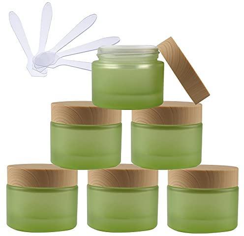 TIANZD 6 Pieces 50ml Empty Green Glass Cosmetic Jars with Screw Lid, 50g Small Containers Storage Pot for Cosmetic Travel Homemade Cream Gel Lip Balm Salve + 6x Spatula