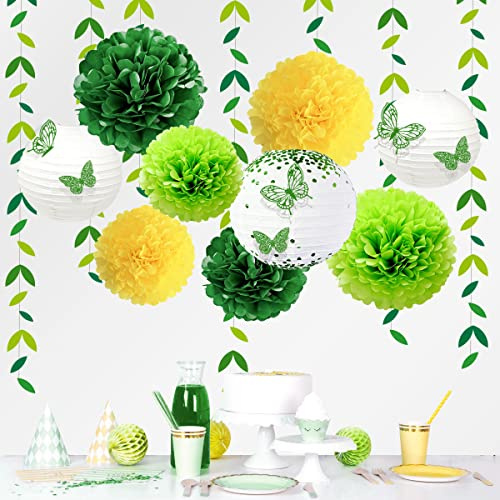 CENPEK Lot de 18 décorations de fête Jaunes et Vertes à Suspendre en Papier éventails lanternes Pompons Fleurs avec Papillon 3D et Guirlande de Feuilles Vertes pour Anniversaire, mariag