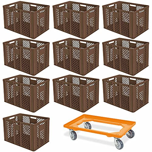BRB 10er Spar-Set Euro-Stapelbehälter Plus Transportroller, 600x400x410 mm Industriequalität lebensmittelecht braun